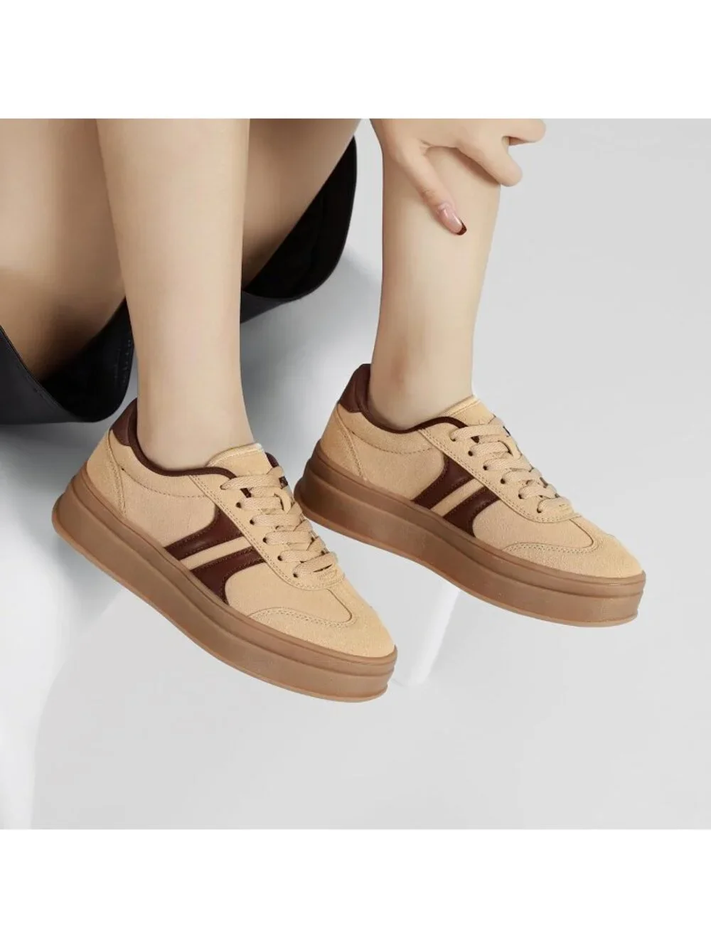 🆕Women's Brown Gum Sole Fashion Sneakers Thick Platform Sole Rubber Shoes
